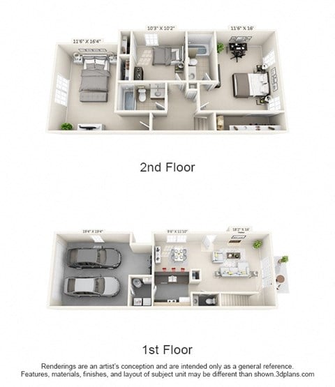 Floor plan for 3 beds, 2.5 baths, 1500 sqft